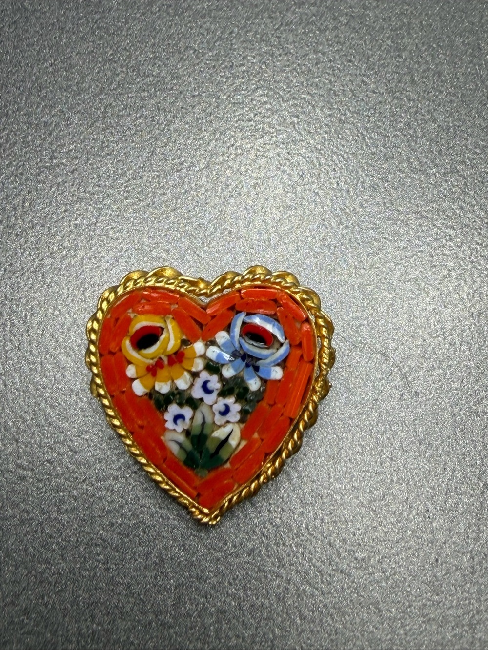 Vintage Heart Floral Mosaic Brooch in Orange and Gold